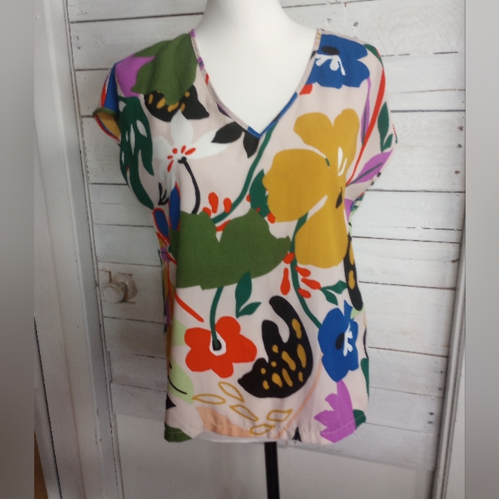 Lili Sidonio Molly Bracken Blouse Small Floral Print V-Neck Top Multicolor *